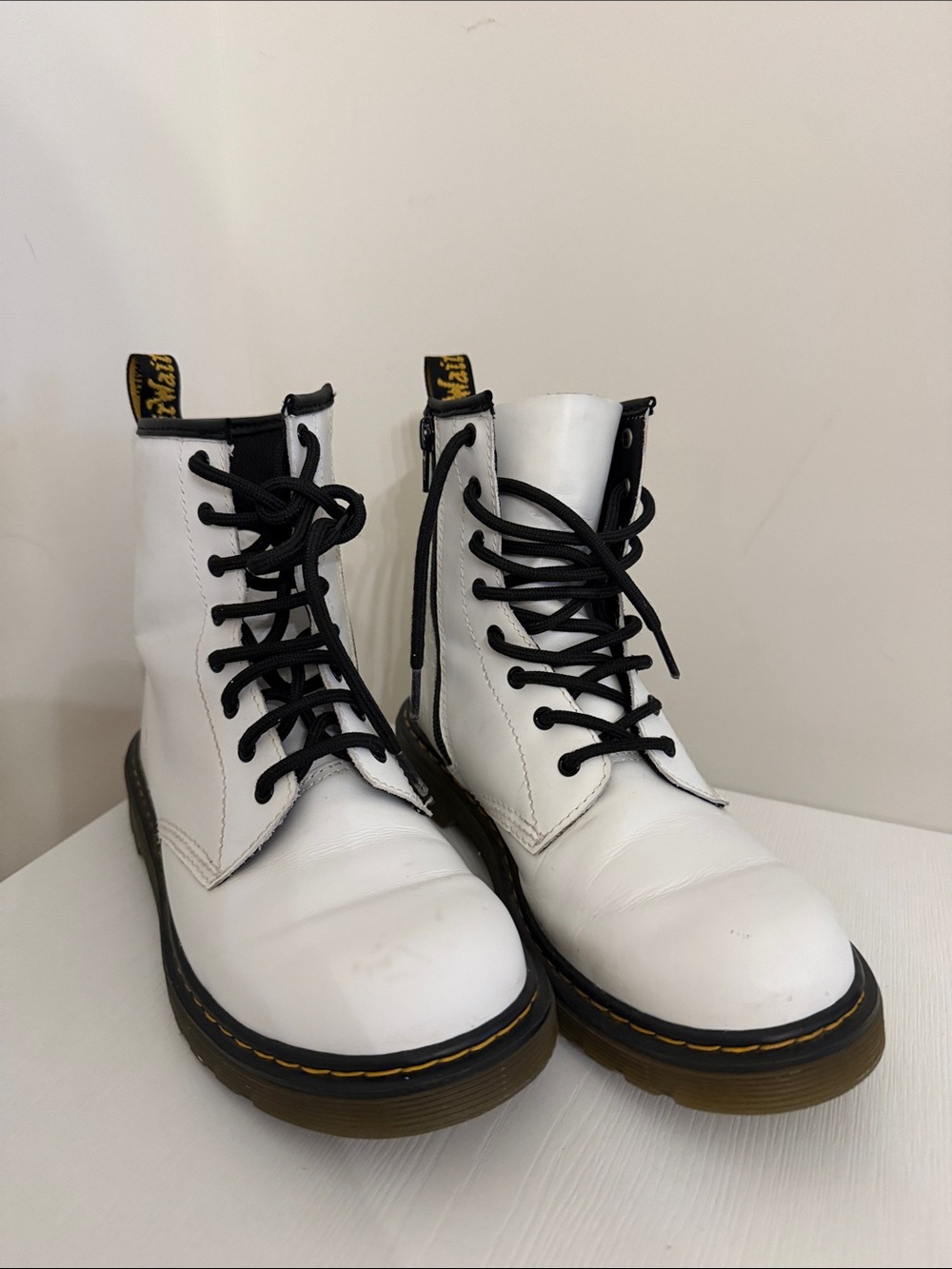 Dr. Martens White Leather Lace-Up Combat Boots with Black Laces